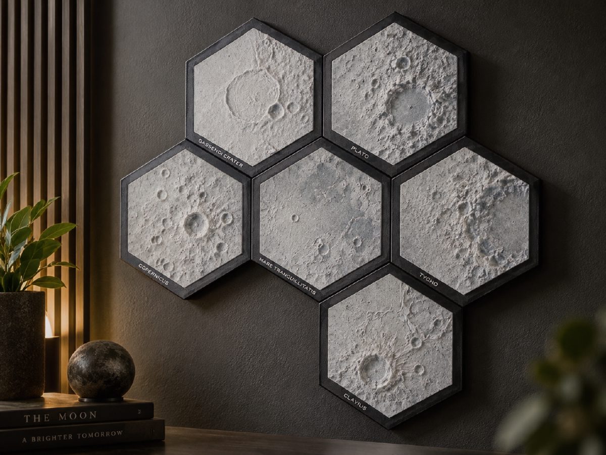 Framed hexagonal lunar terrain tiles arranged as wall art