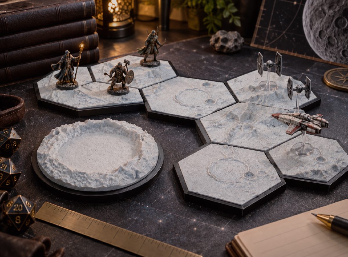 Hexagonal lunar terrain tiles used as a tabletop battlefield with fantasy miniatures and starfighters